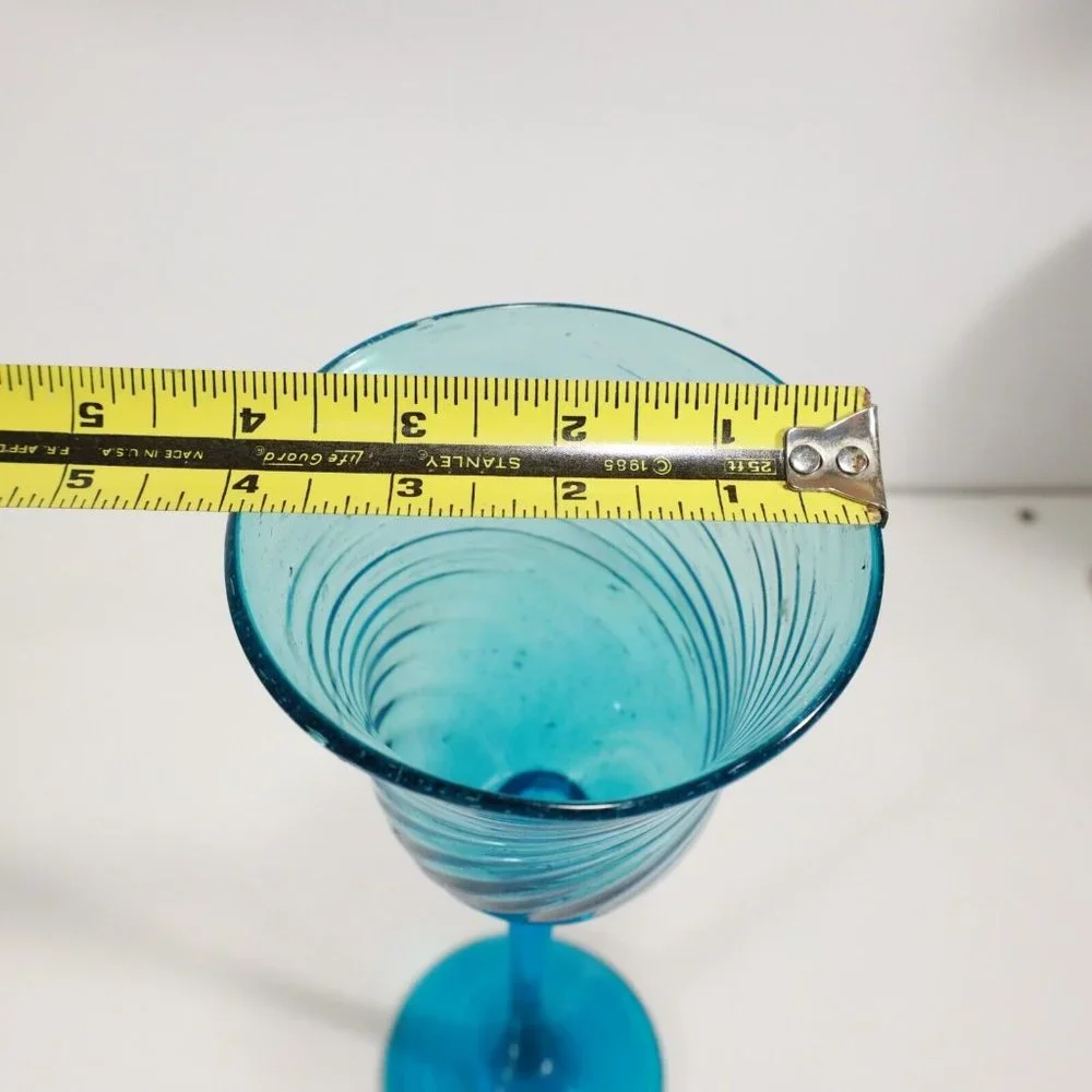 1950s Mexican Avalos Teal Blue Bubble Glass Stemware Goblet 12.5